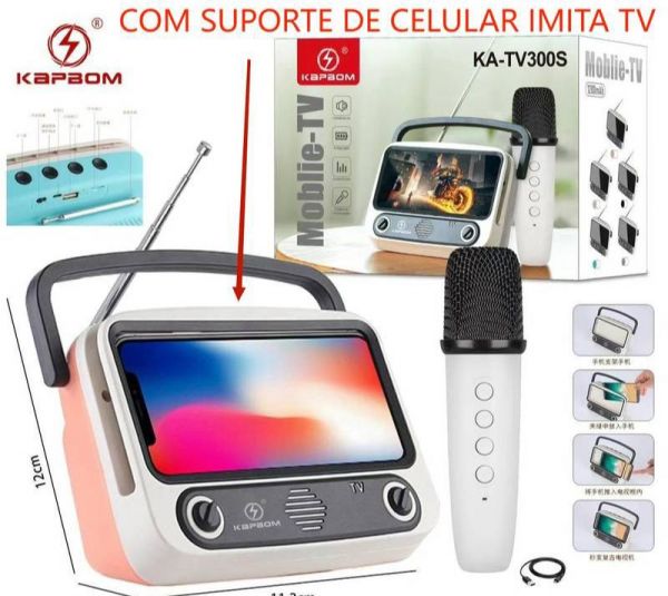 Caixa de Som Mini Karaokê com Microfone Sem Fio e Suporte de Celular imita TV Kapbom KA-TV300S