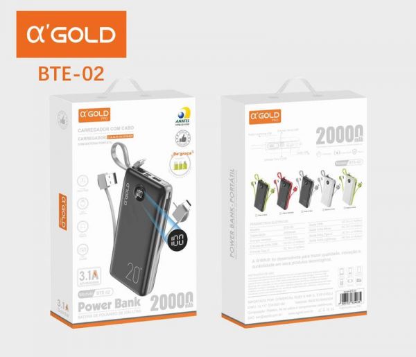 Power Bank 20000 Mah 2 USB Com Display ,cabo V8, Iphon e Type C A GOLD BTE-02