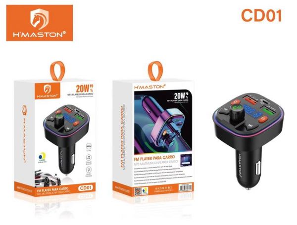 Adaptador Bluetooth P/Carro Transmissor FM+Carregamento USB E PD18W TYPE-C C/LED RGB H MASTON CD01