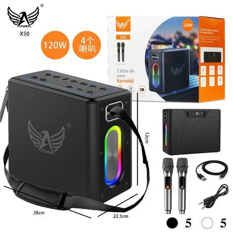 Caixa de som Potente 120W Karaoke Família KTV Com 2 Microfones Sem fio Luz RGB ALTOMEX X50