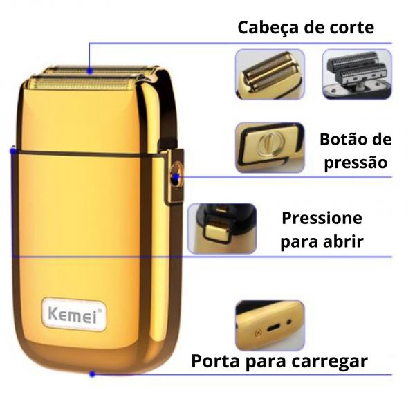 Barbeador Máquina Corpo de Metal Dourado Shaver Acabamento Kemei Gold Km-TX1