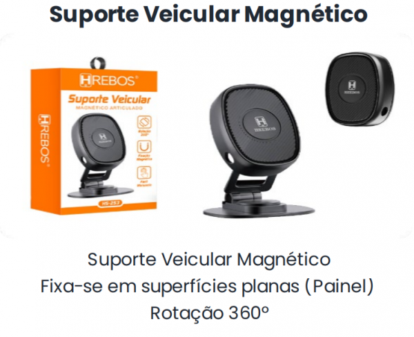 Suporte De Metal Veicular Magnético para Painel Fixação de por Fita 3M Rotação de 360º HREBOS HS253