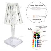 Luminária Abajur Cristal Led Rgb Usb Com Controle Remoto