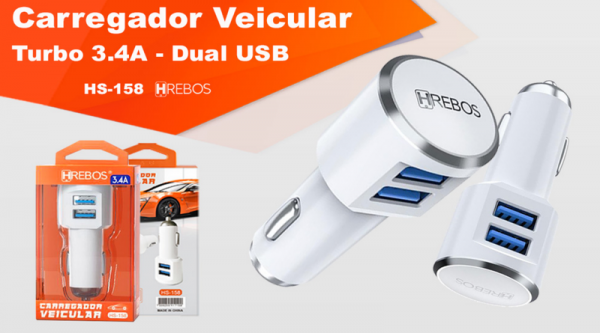 Fonte Carregador Hrebos Carro 3.4A 2 USB HS158