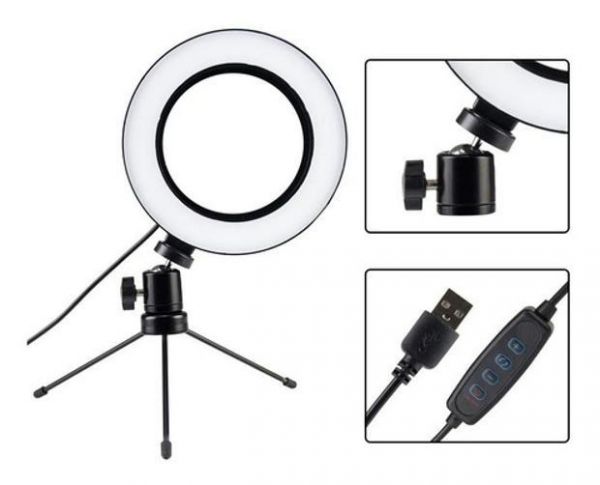 Ring Light De Mesa Iluminador Led Mini Tripé Anel 16Cm Usb