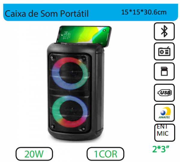 Caixa de Som Super Bass Com 2 Alto-falante LED RGB Com Entrada de Microfone Grasep D-3204